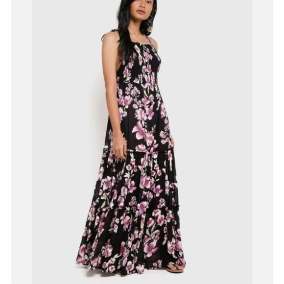 Free People Garden Party Dress Onyx Floral Smocked Bust Adjustable Tie Straps - Picture 4 of 8